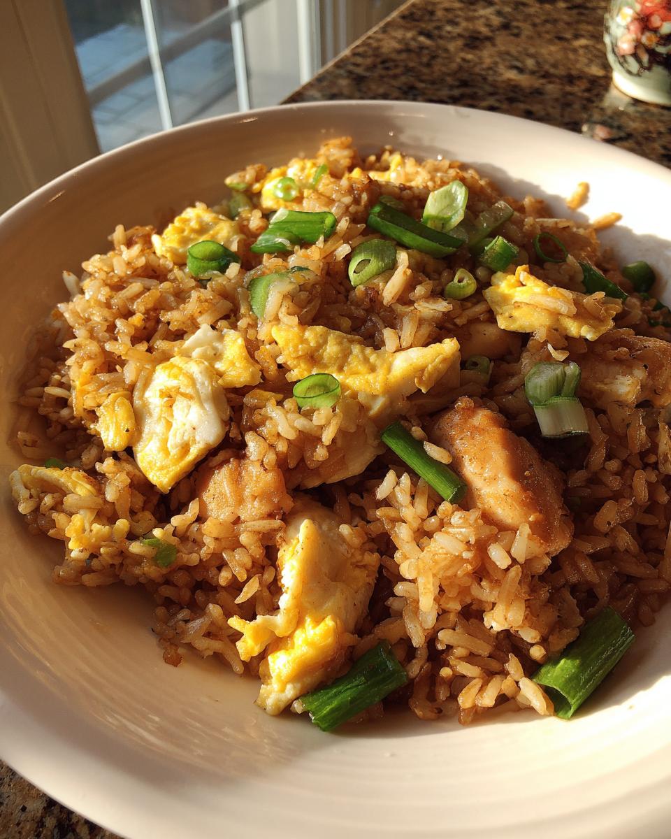 Close-up of a bowl filled with delicious chicken fried rice, featuring scrambled egg pieces and green onions.