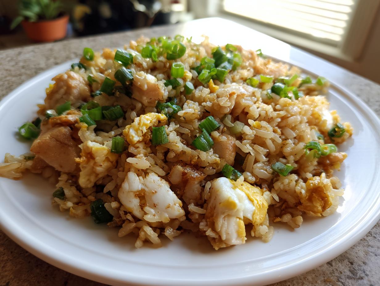A close-up of a white plate piled high with homemade chicken fried rice, topped with chopped green onions.