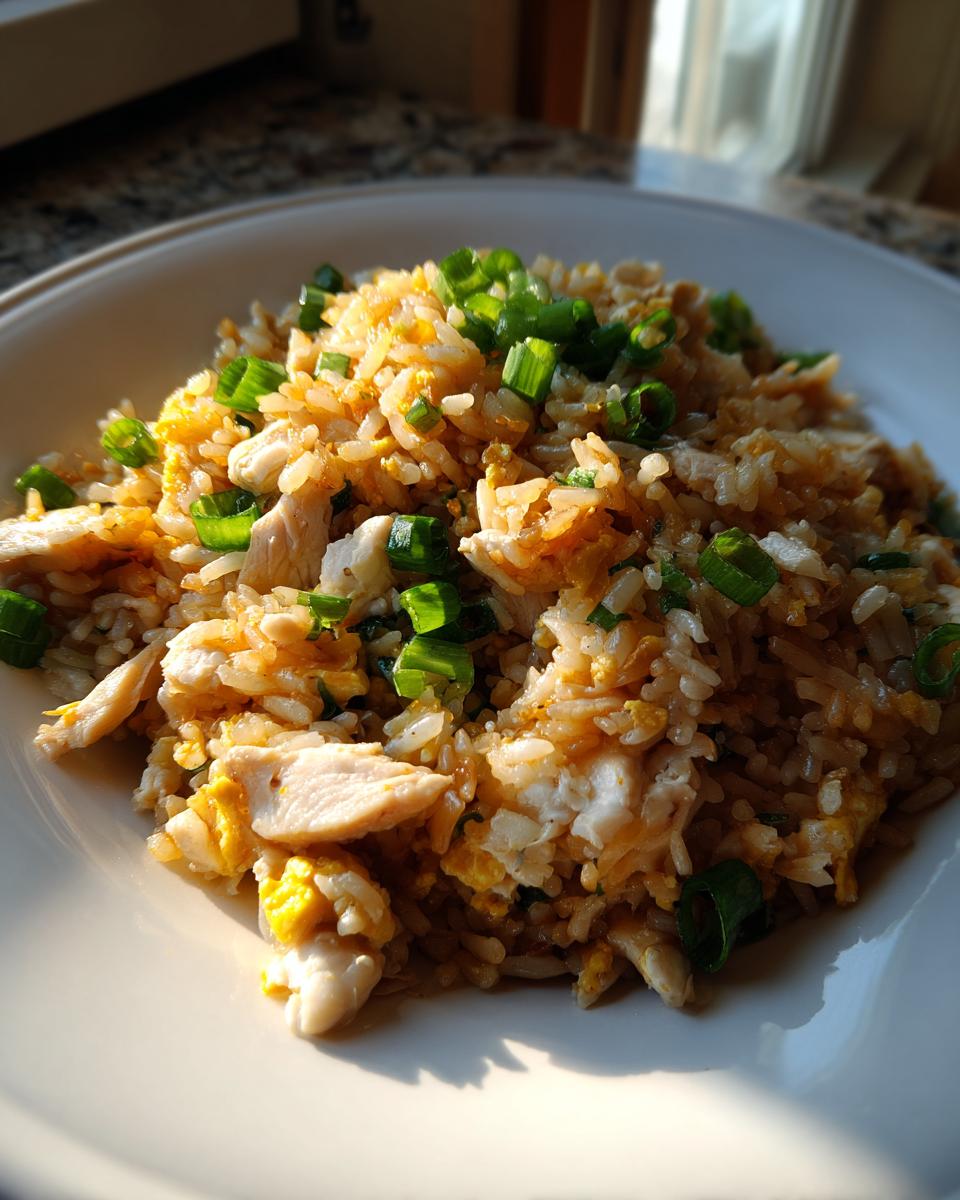 Close-up of a white plate filled with flavorful chicken fried rice, topped with fresh green onions.