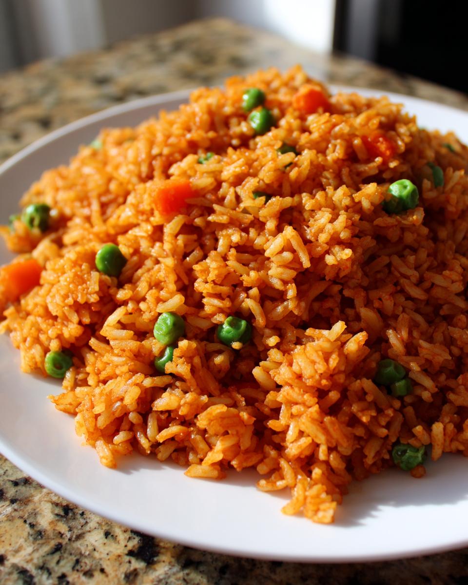 A close-up of a mound of vibrant orange Spanish rice mixed with green peas and diced carrots on a white plate.