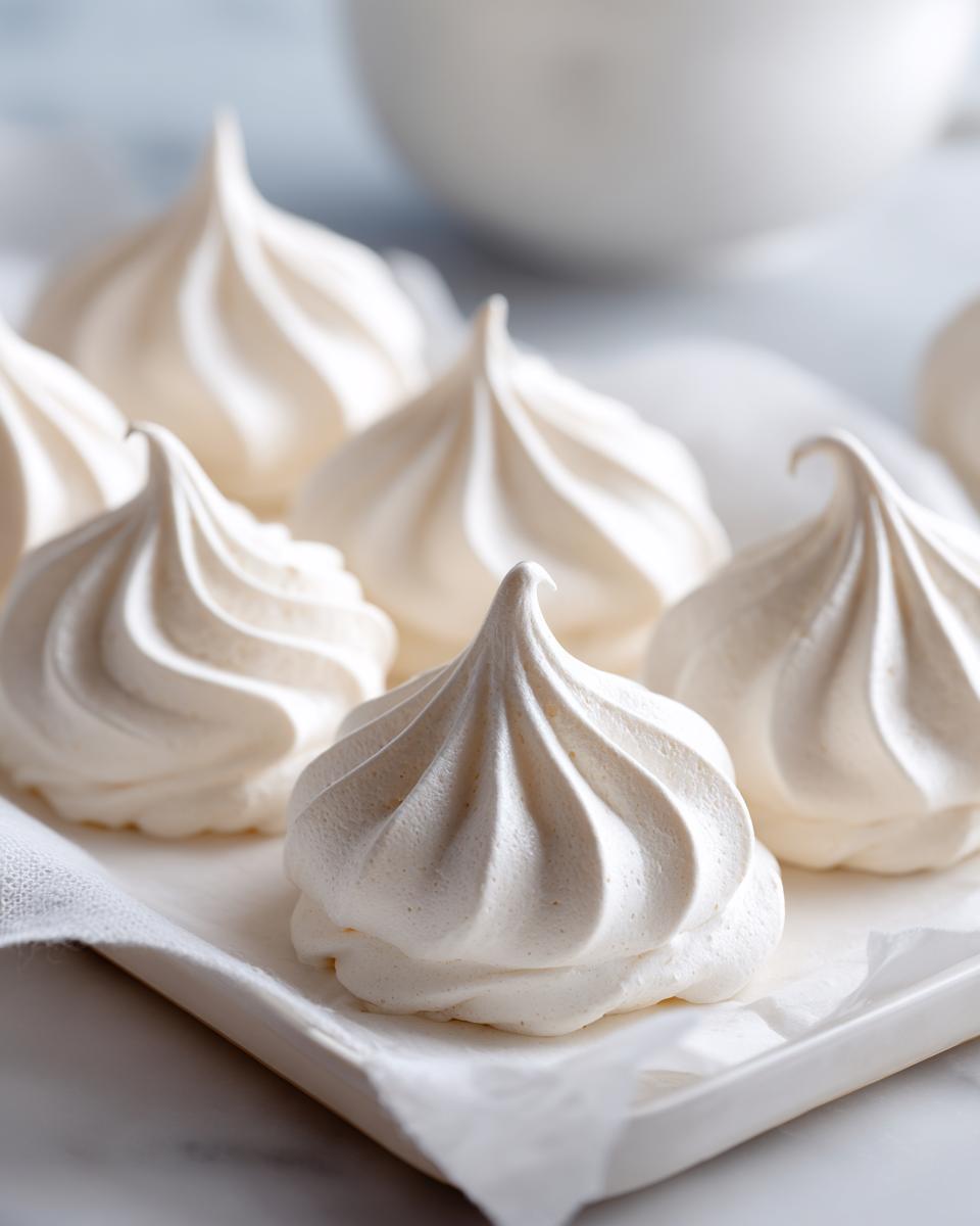 Close-up of several perfectly piped, white meringue cookies resting on parchment paper.