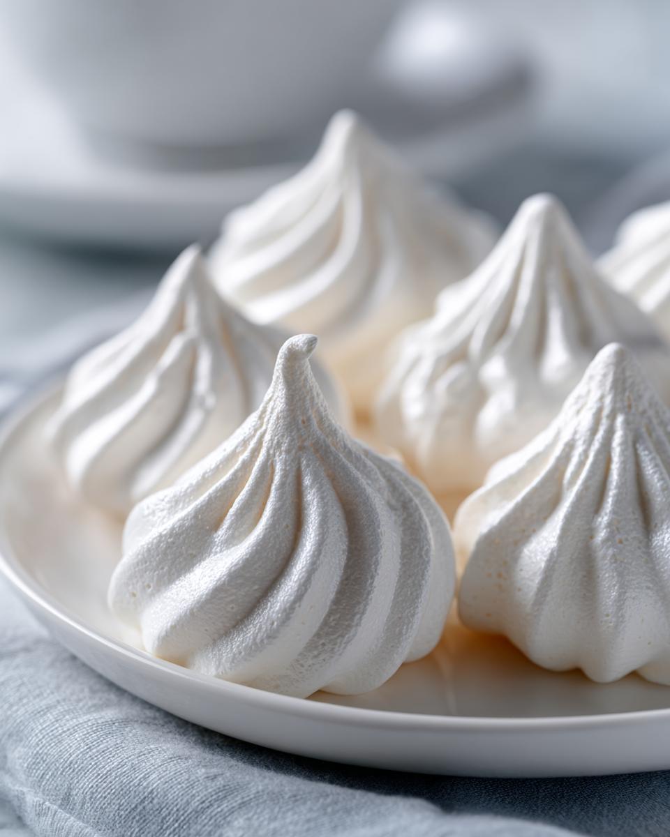 Close-up of several perfectly piped, white meringue cookies with distinct swirls, resting on a white plate.