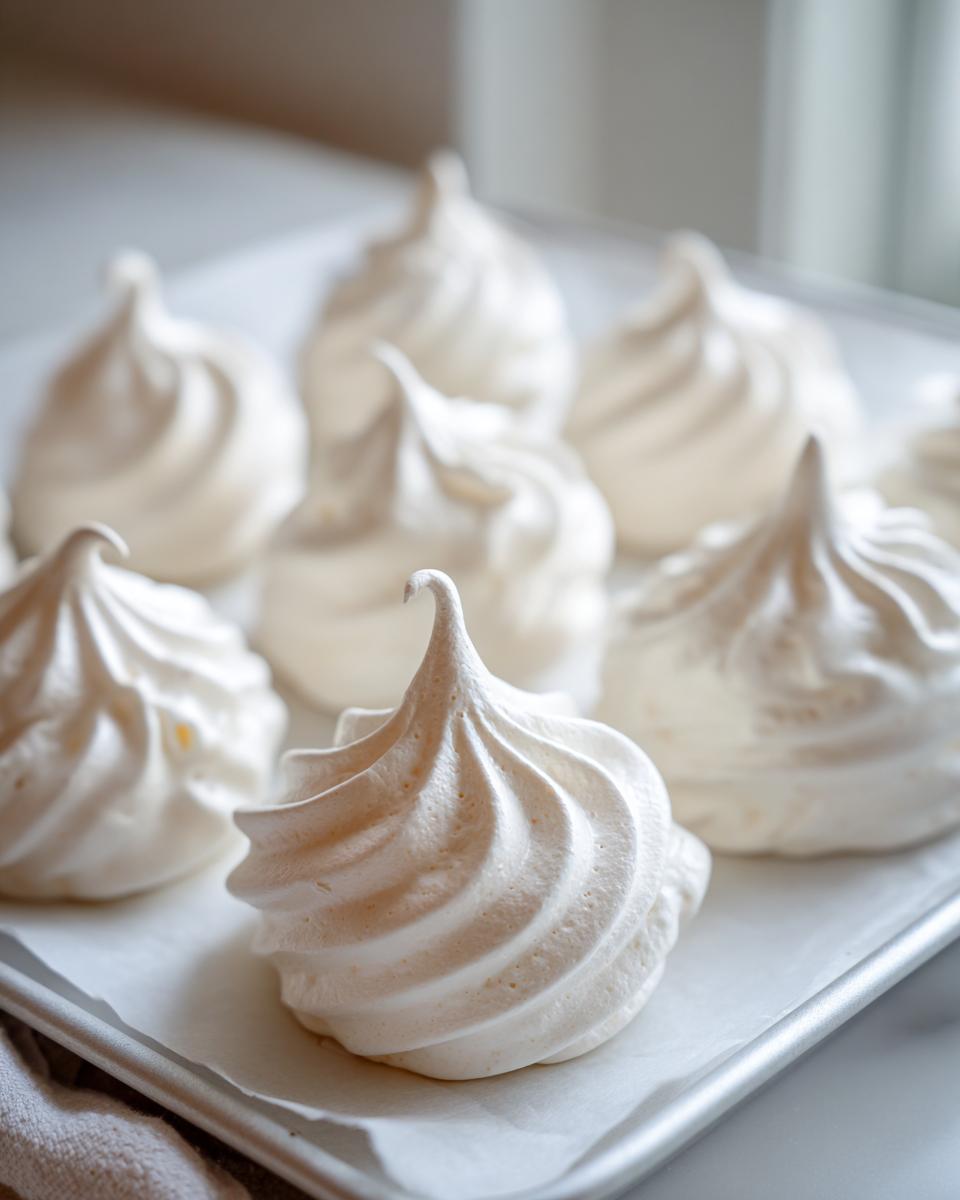 Close-up of freshly piped, white meringue cookies on a baking sheet lined with parchment paper.