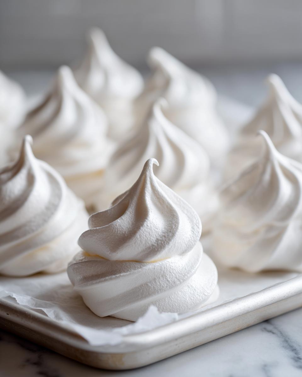 Close-up of perfectly piped, bright white meringue cookies on a baking sheet lined with parchment paper.