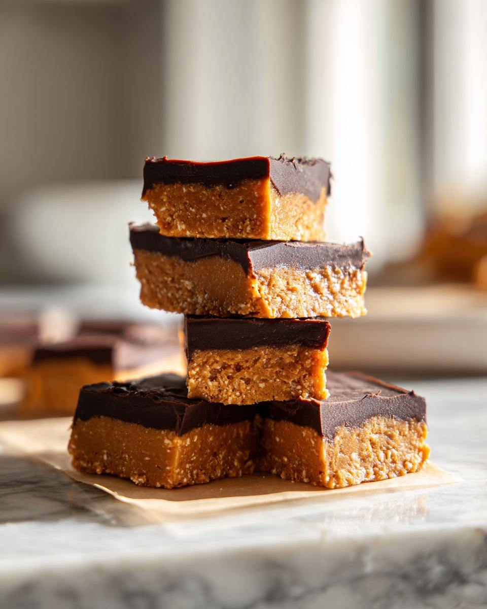 A stack of four homemade protein bars with a peanut butter base and thick chocolate topping.
