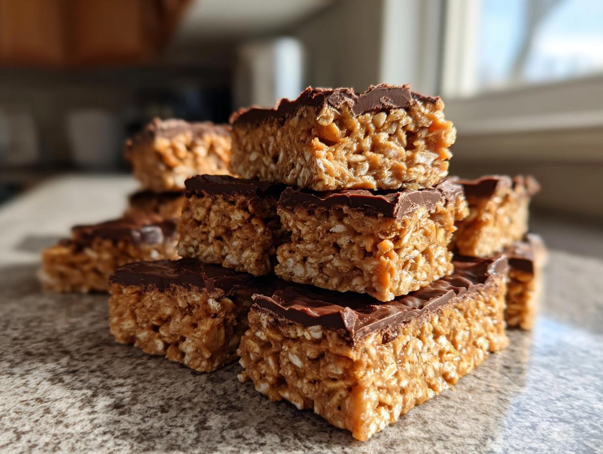Stack of homemade, no-bake protein bars with a thick layer of melted chocolate on top.