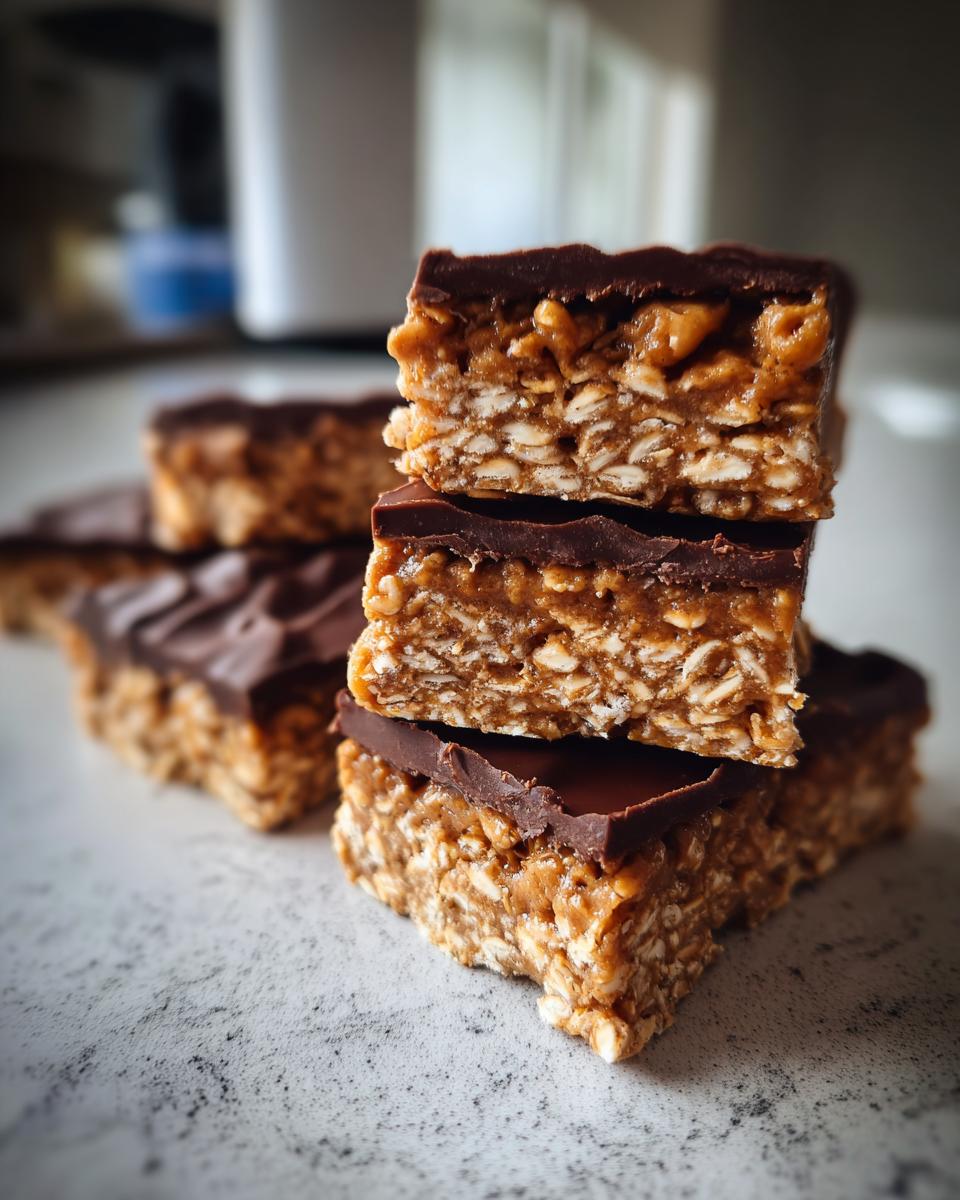 Stack of three homemade, no-bake protein bars showing the oat and peanut butter filling and chocolate topping.