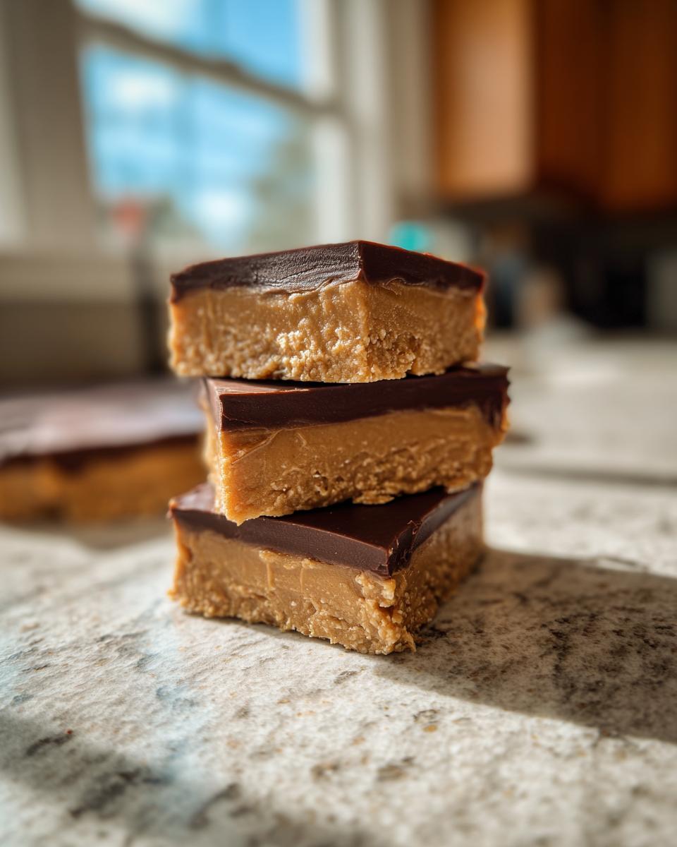 A stack of three homemade protein bars with a thick peanut butter layer and dark chocolate topping.