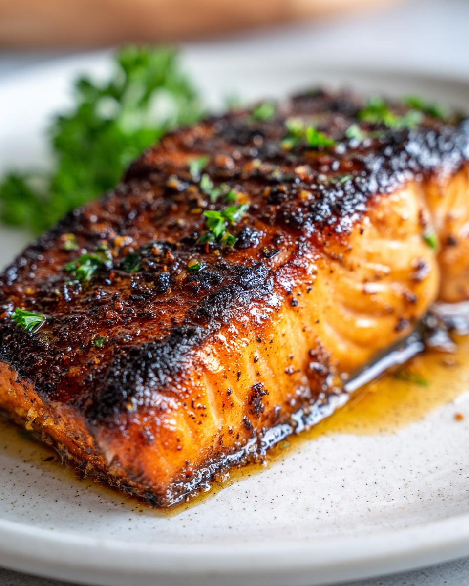 Close-up of a perfectly cooked air fryer salmon fillet with a dark, caramelized crust and fresh parsley garnish.