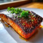Close-up of a perfectly cooked piece of air fryer salmon with a dark, seasoned crust and fresh parsley garnish.