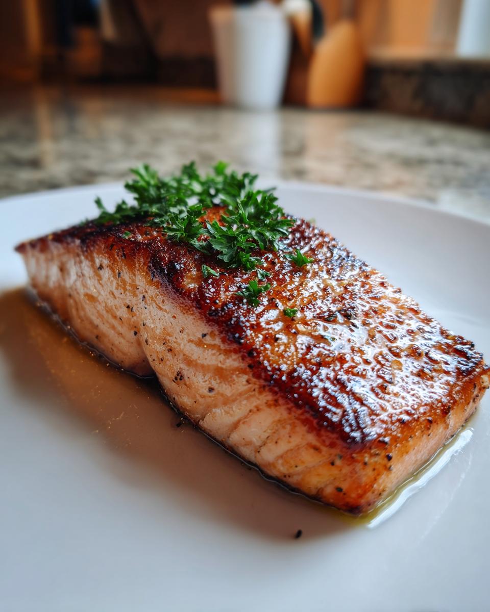 A close-up of a beautifully caramelized air fryer salmon fillet garnished with fresh parsley on a white plate.