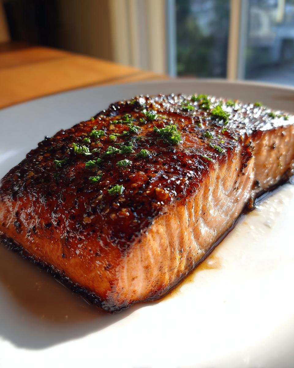 A perfectly cooked, glazed air fryer salmon fillet garnished with fresh parsley on a white plate.