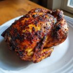A whole roasted chicken with crispy, dark seasoned skin resting on a white plate, made using an air fryer whole chicken recipe.