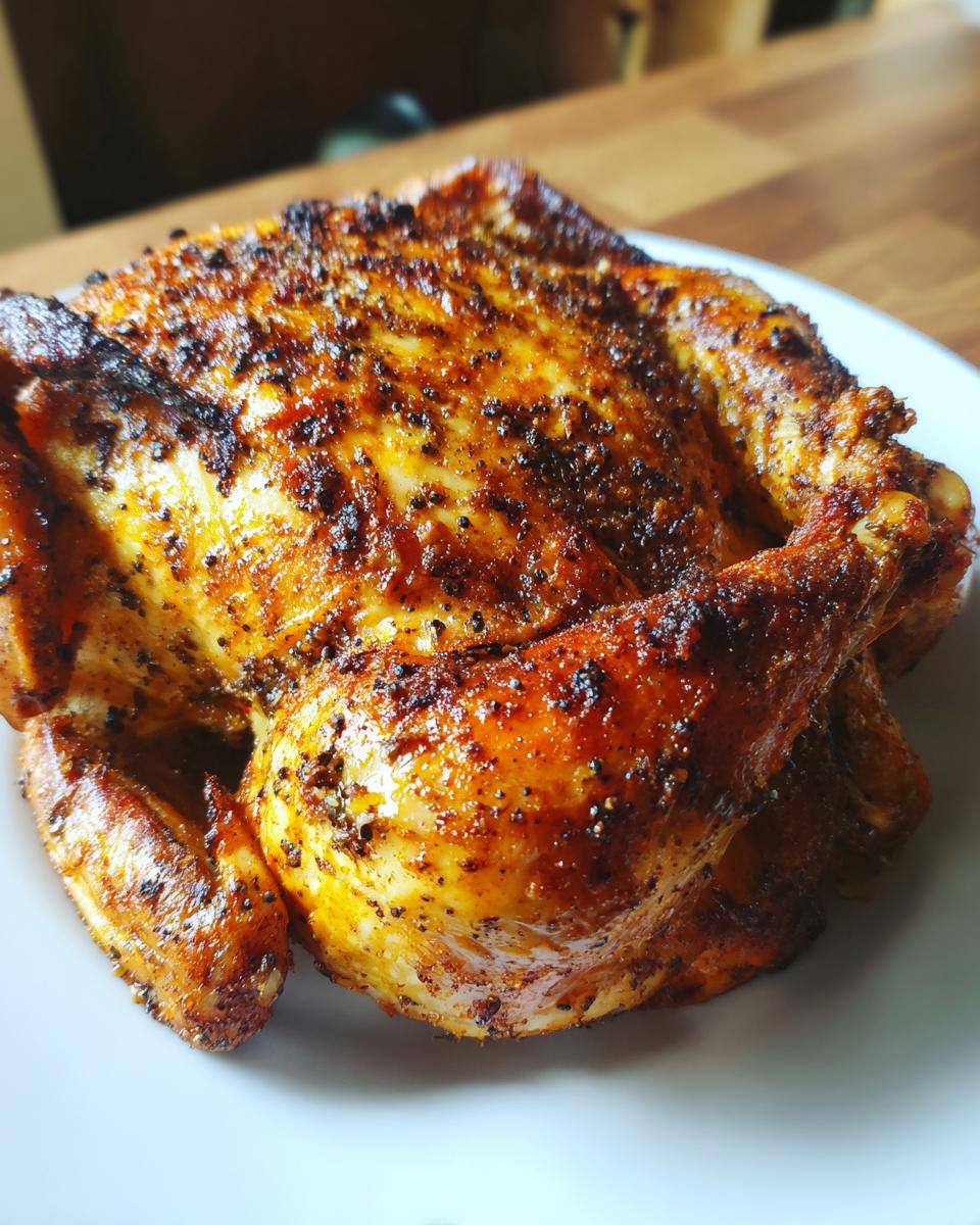 A perfectly cooked, seasoned air fryer whole chicken with crispy, golden-brown skin resting on a white plate.