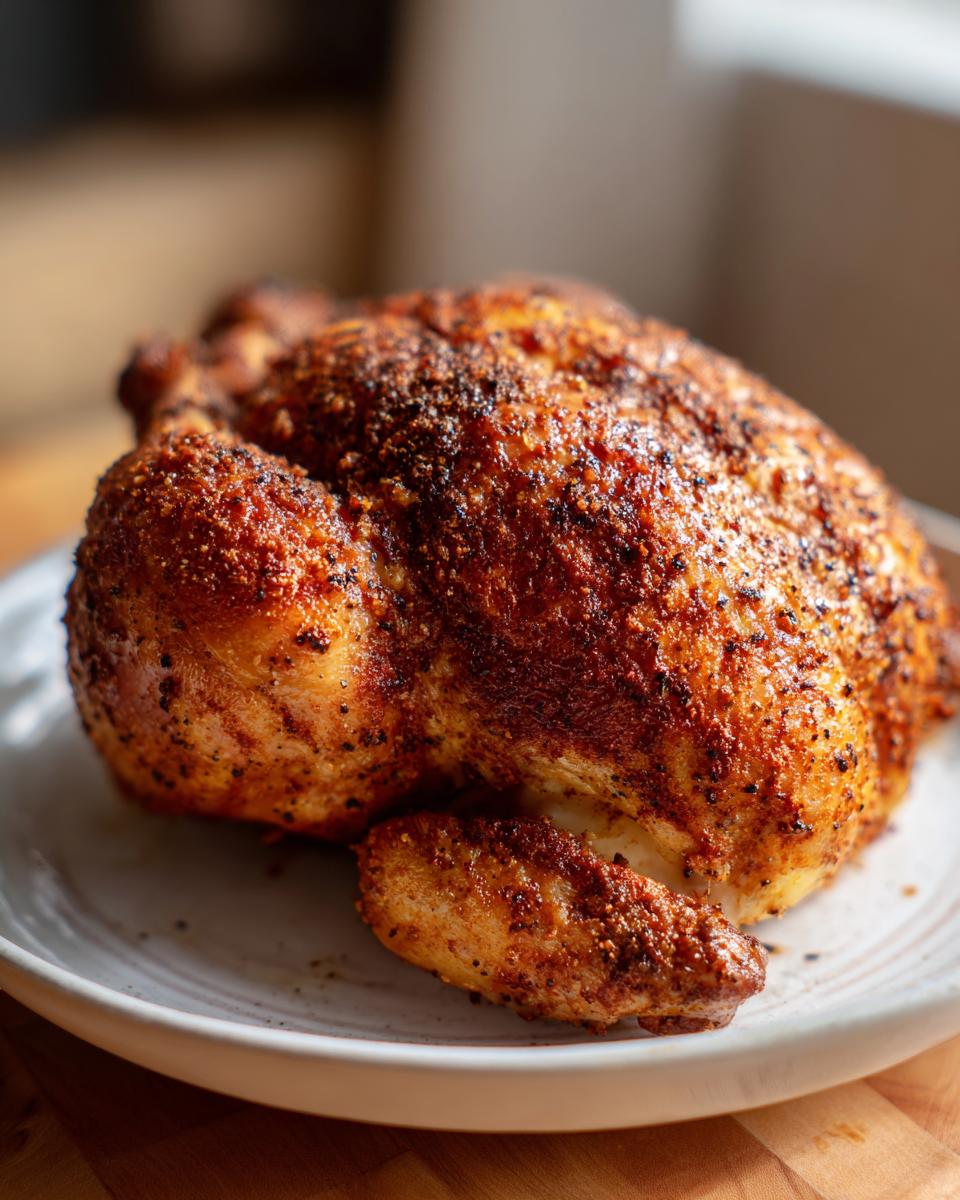 A perfectly cooked, seasoned air fryer whole chicken with crispy, golden-brown skin resting on a light-colored plate.