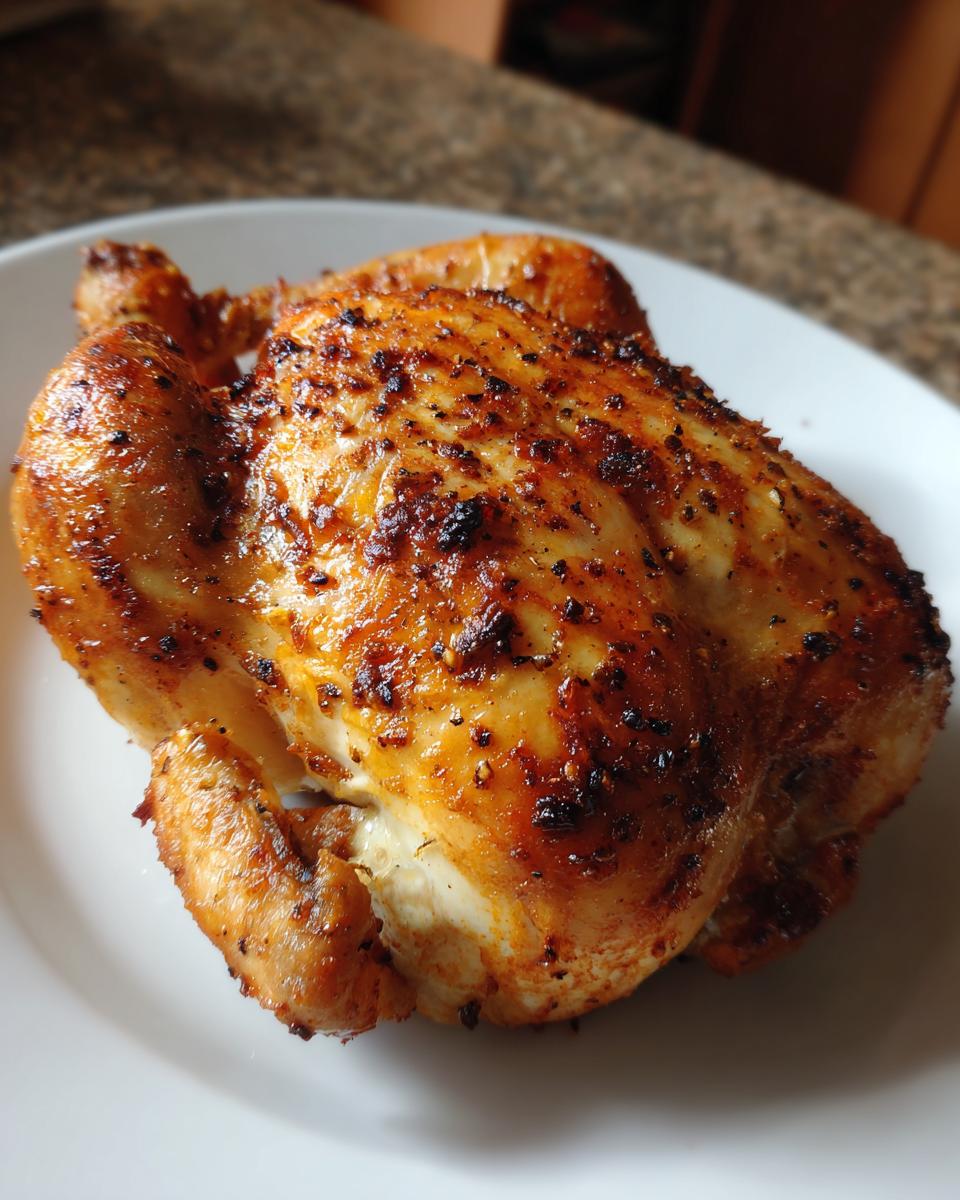 A beautifully browned and seasoned air fryer whole chicken resting on a white plate.