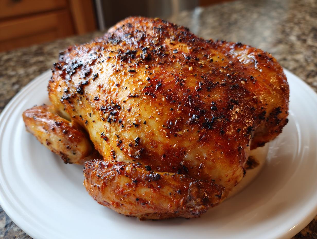 A whole roasted chicken with crispy, seasoned skin resting on a white plate, made using an air fryer whole chicken recipe.