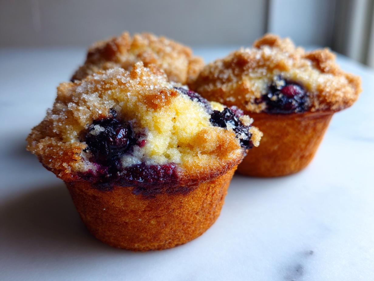 Close-up of two golden brown blueberry muffins topped with coarse sugar streusel, highlighting the juicy blueberries inside.