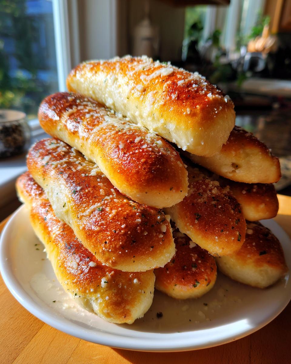 A tall stack of golden brown, buttery breadsticks topped with Parmesan cheese and herbs, ready to eat.