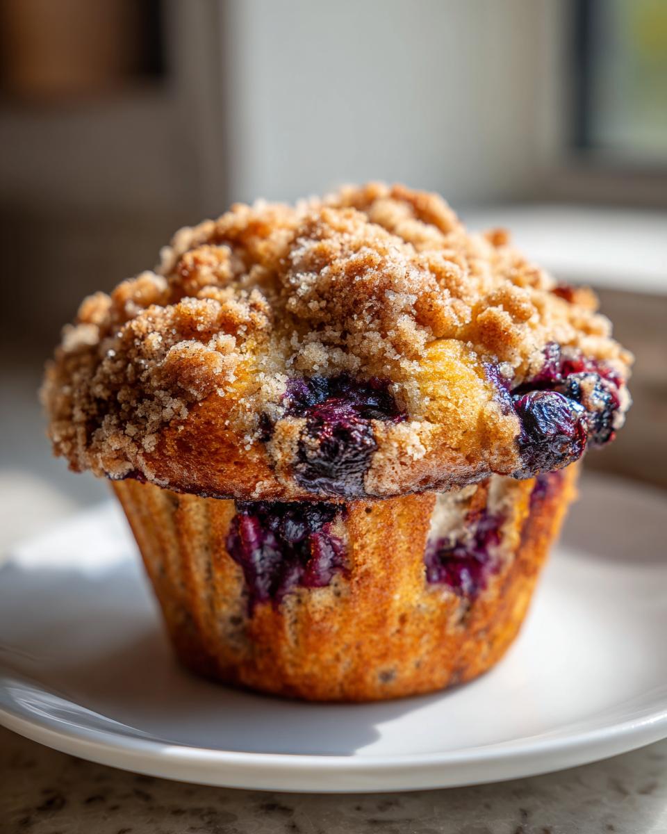 Close-up of a golden brown blueberry muffin with a thick, sugary crumb topping, sitting on a white plate.