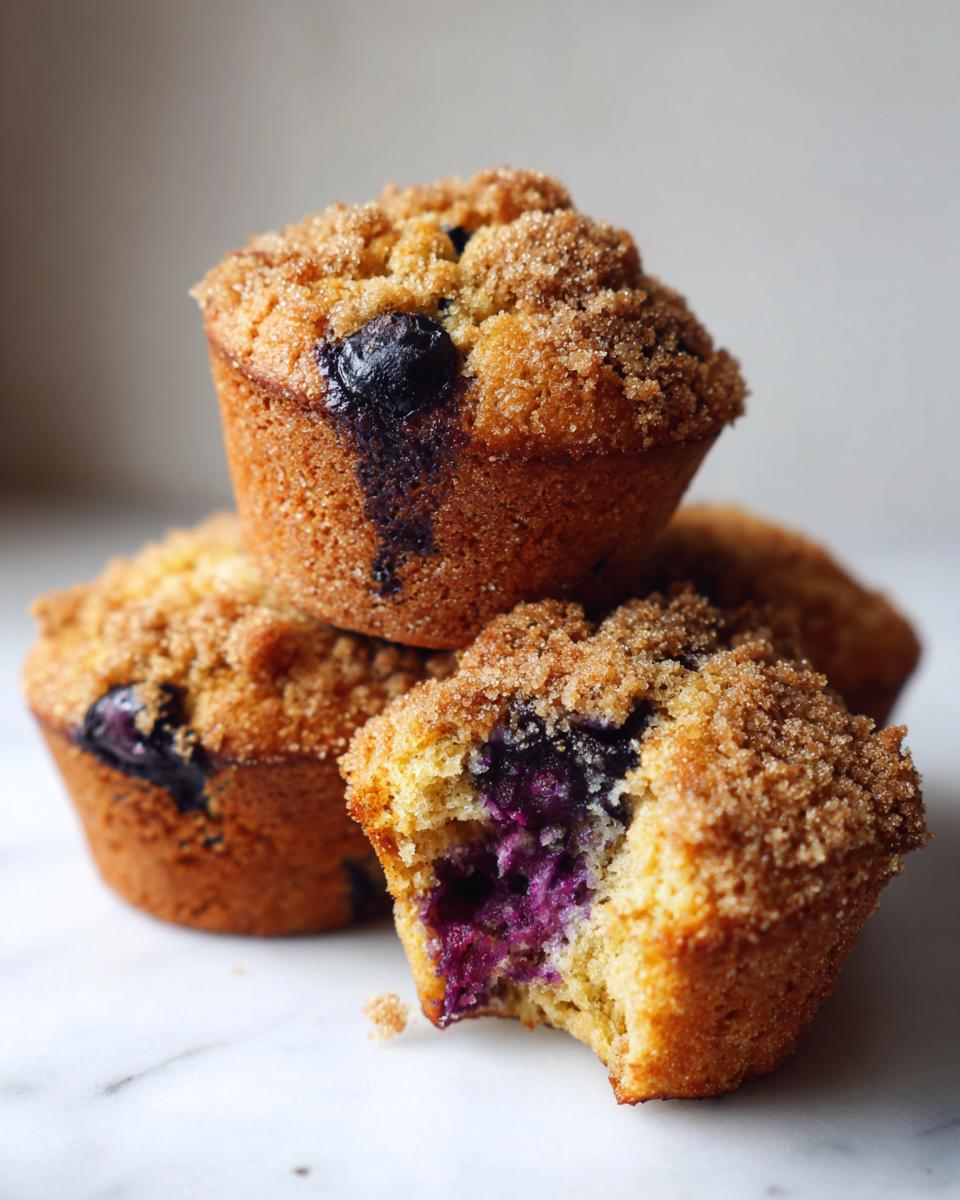Close-up of three moist blueberry muffins stacked, one bitten to reveal a vibrant purple interior.