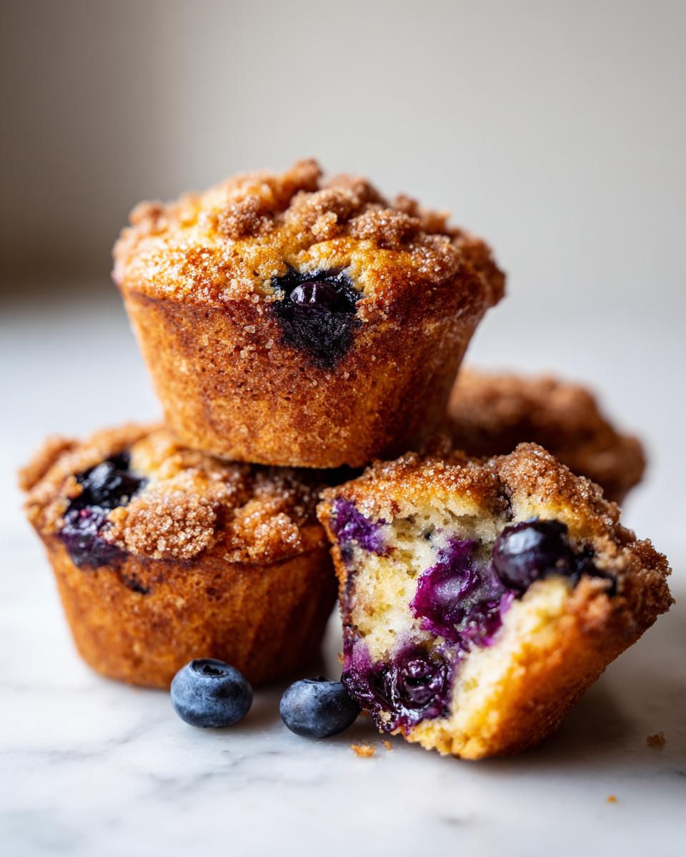 A stack of golden brown blueberry muffins topped with cinnamon sugar, one is cut open showing juicy blueberries inside.