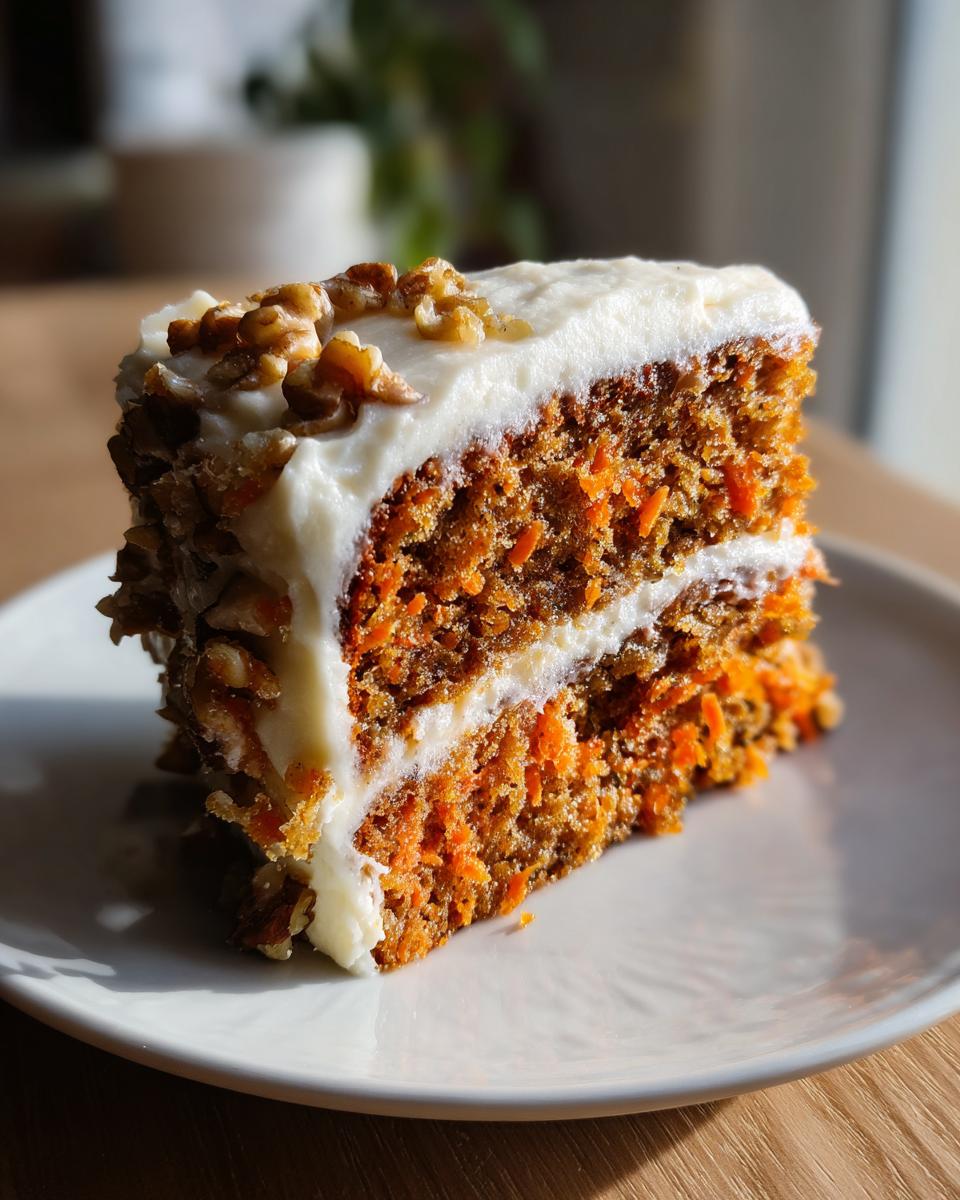 A moist slice of carrot cake recipe with thick cream cheese frosting and walnuts on top, served on a white plate.