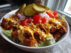A close-up of a delicious cheeseburger bowl featuring seasoned ground meat, shredded cheese, diced tomatoes, onions, and pickle slices on lettuce.