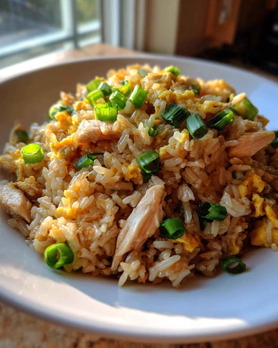A close-up bowl of amazing 1-pan chicken fried rice mixed with scrambled egg and topped with bright green scallions.