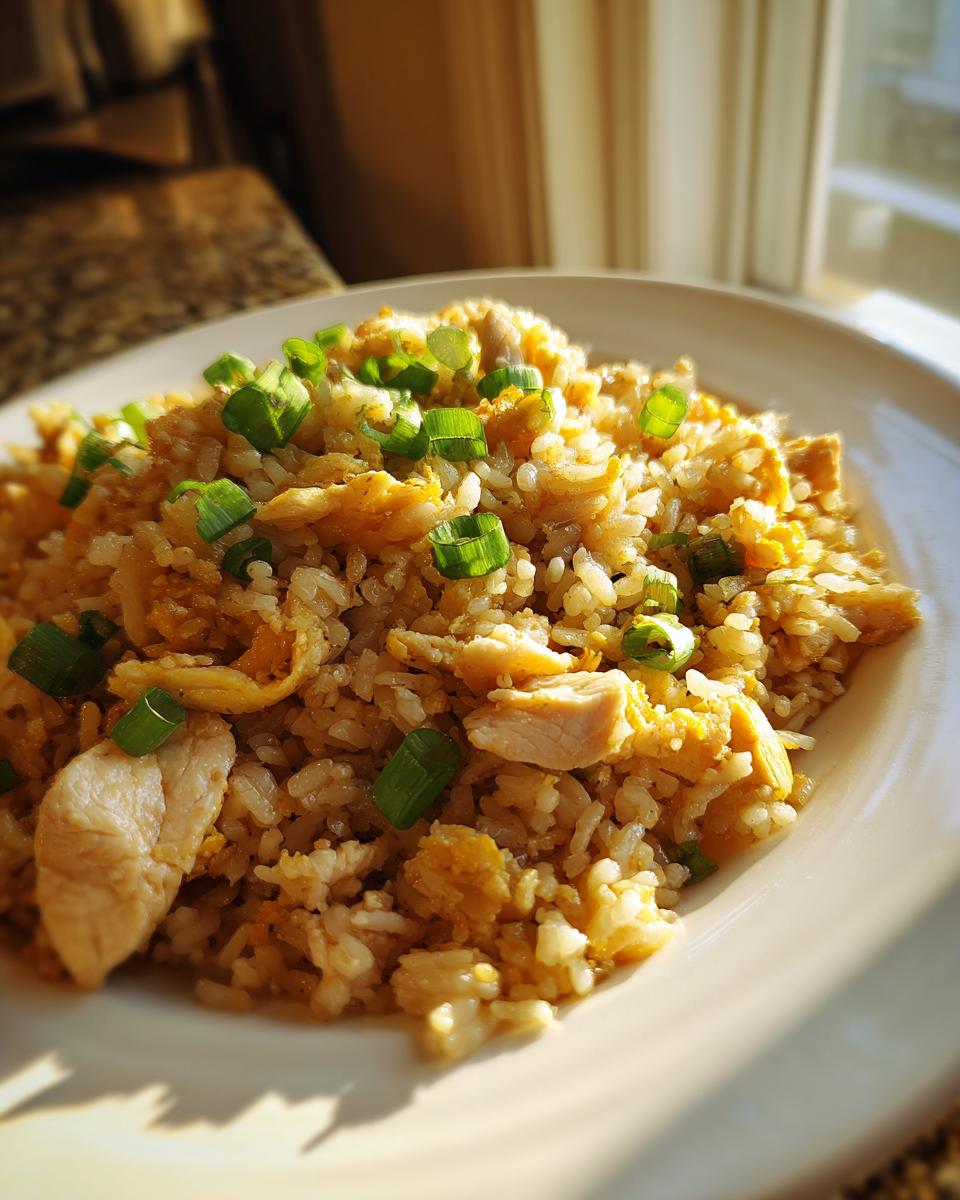 A close-up serving of homemade chicken fried rice topped with bright green scallions on a white plate.