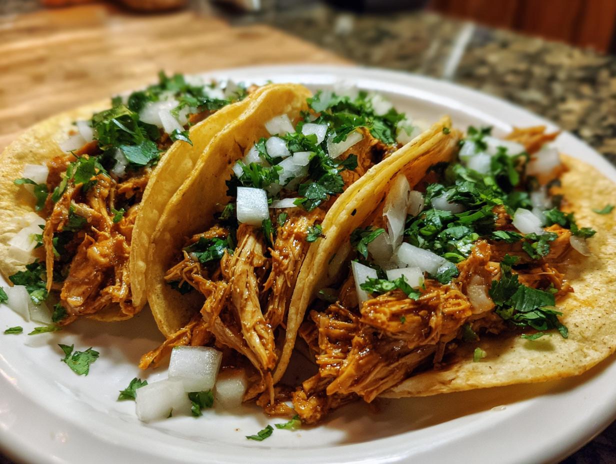 Close-up of three soft corn tortillas filled with shredded chicken tacos, topped with diced white onion and fresh cilantro.