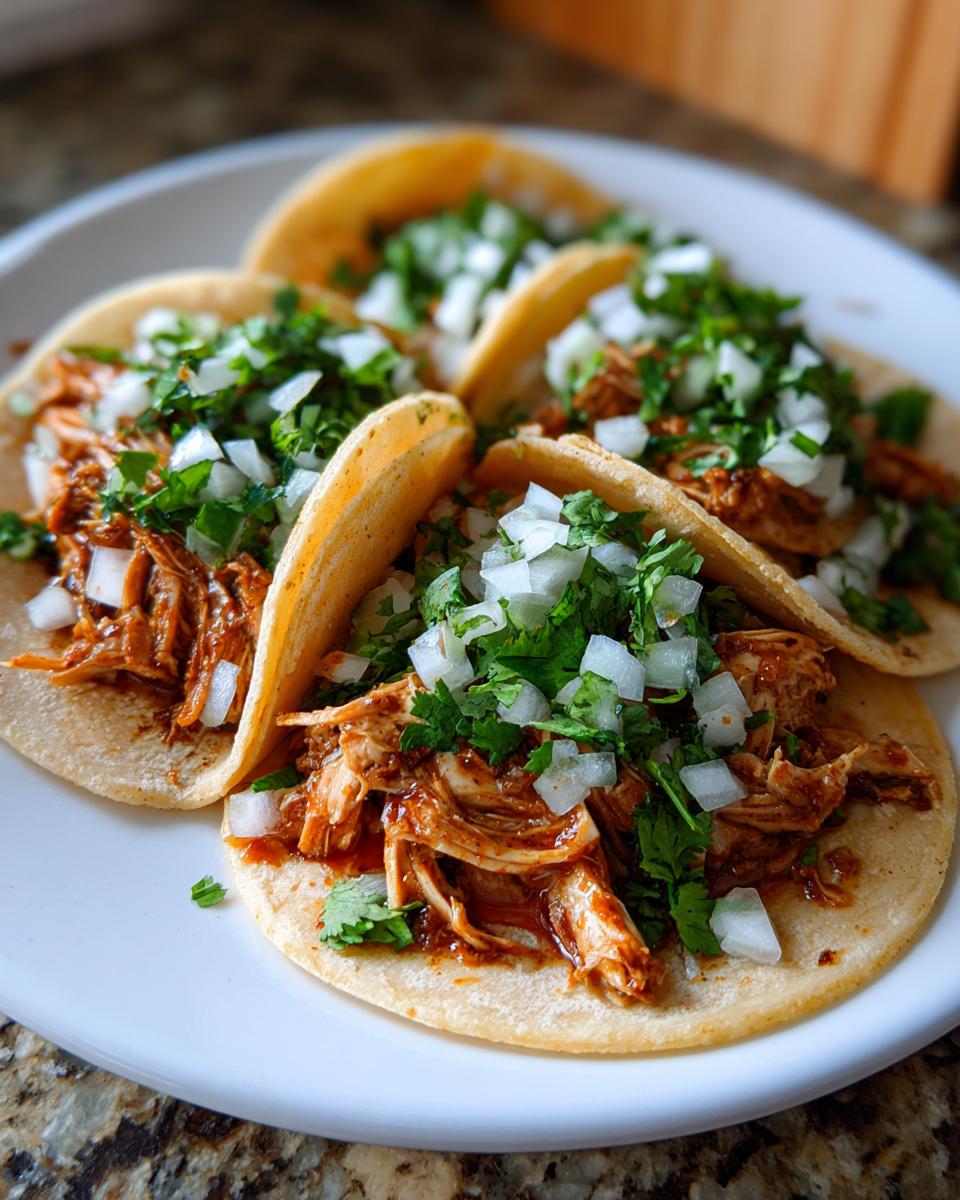 Close-up of four street-style chicken tacos filled with shredded meat and topped generously with diced white onion and fresh cilantro.