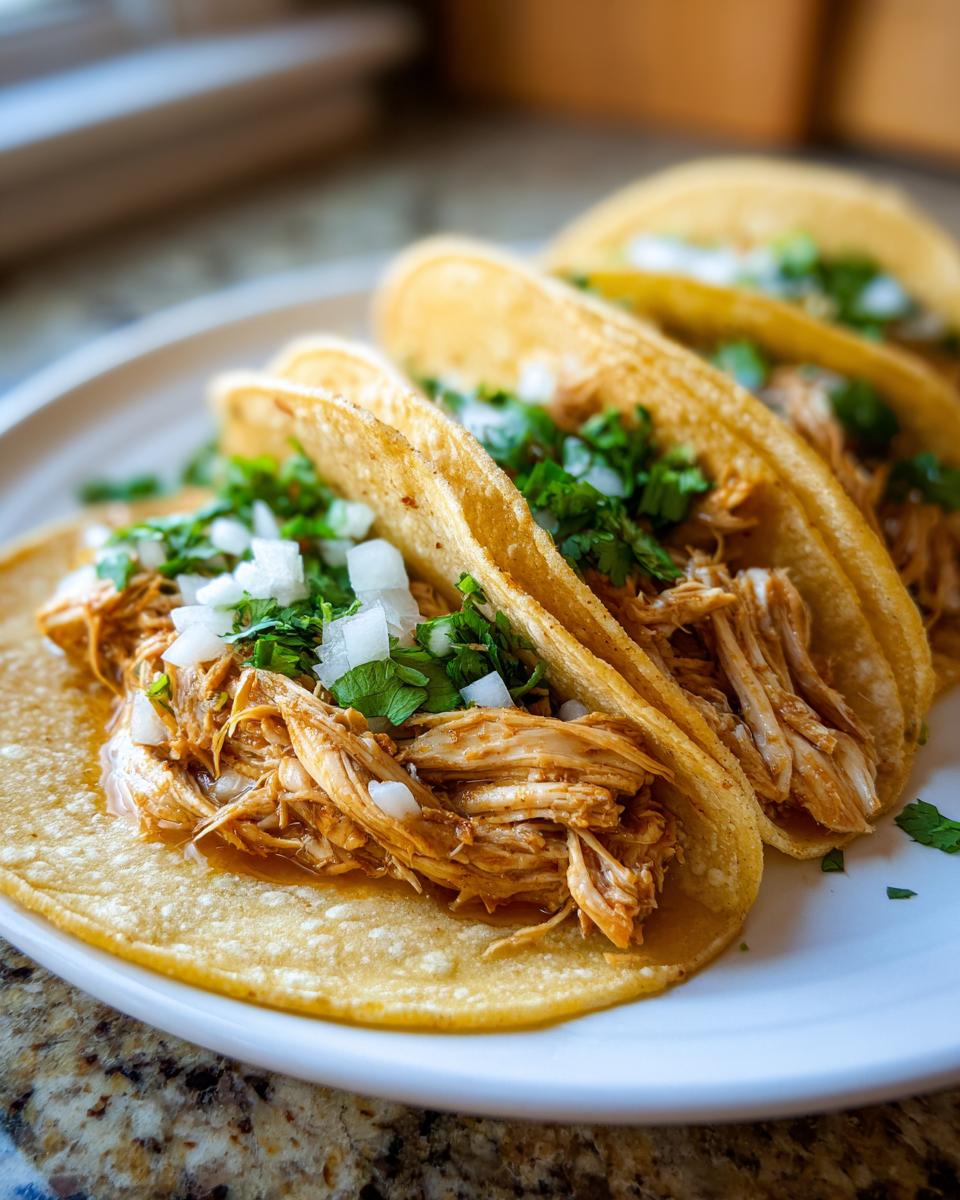 Close-up of three soft corn tortilla chicken tacos filled with shredded seasoned chicken, topped with diced white onion and fresh cilantro.