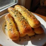 A stack of golden brown, buttery breadsticks generously topped with garlic powder and parsley flakes.