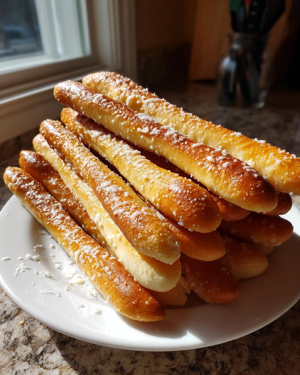 A tall stack of golden brown, freshly baked breadsticks topped with melted butter and Parmesan cheese.