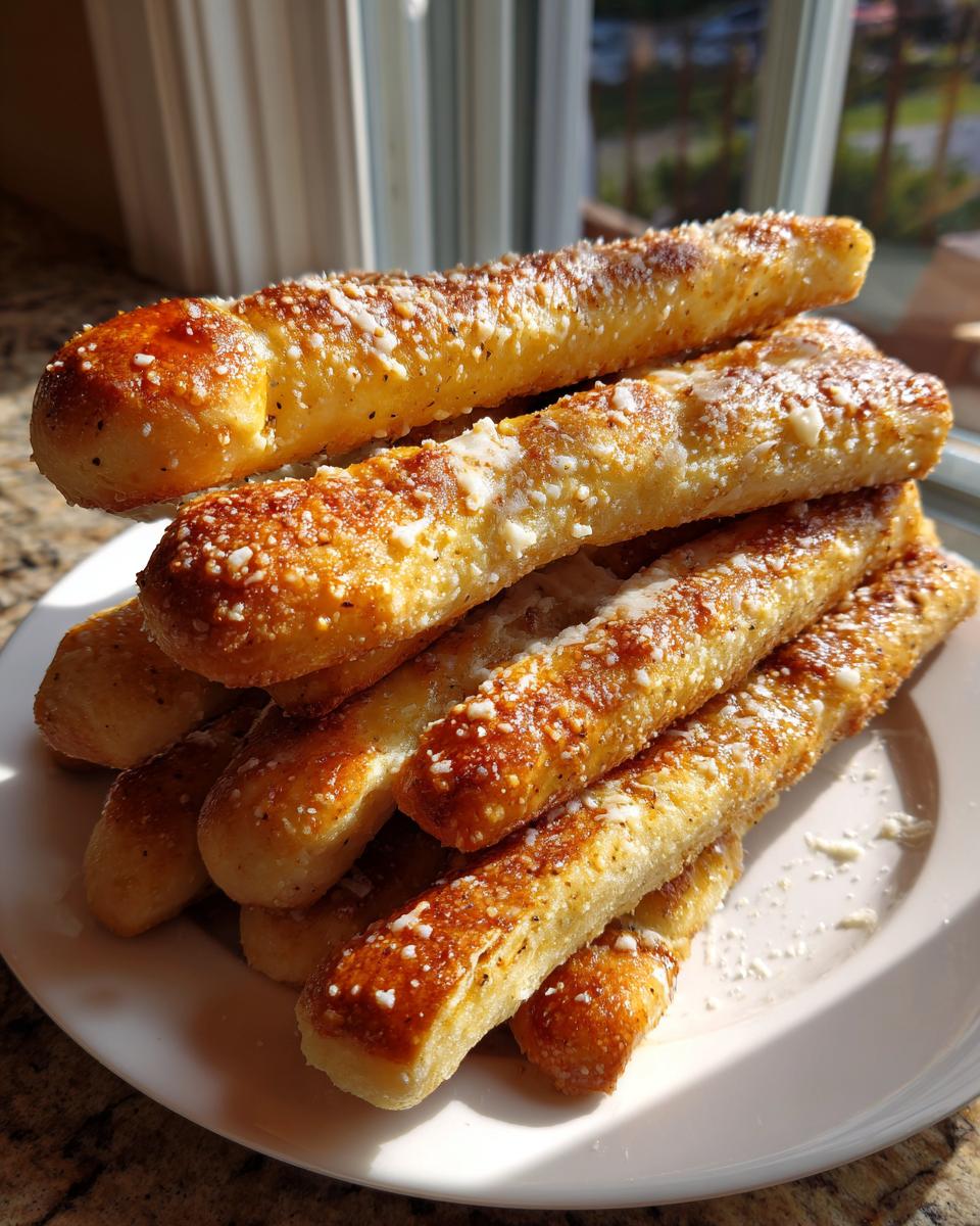 A stack of golden brown, cheesy copycat breadsticks piled high on a white plate, catching sunlight near a window.