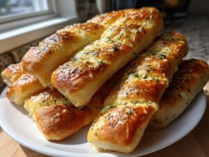 A stack of golden brown, cheesy, and herbed copycat breadsticks piled high on a white plate.