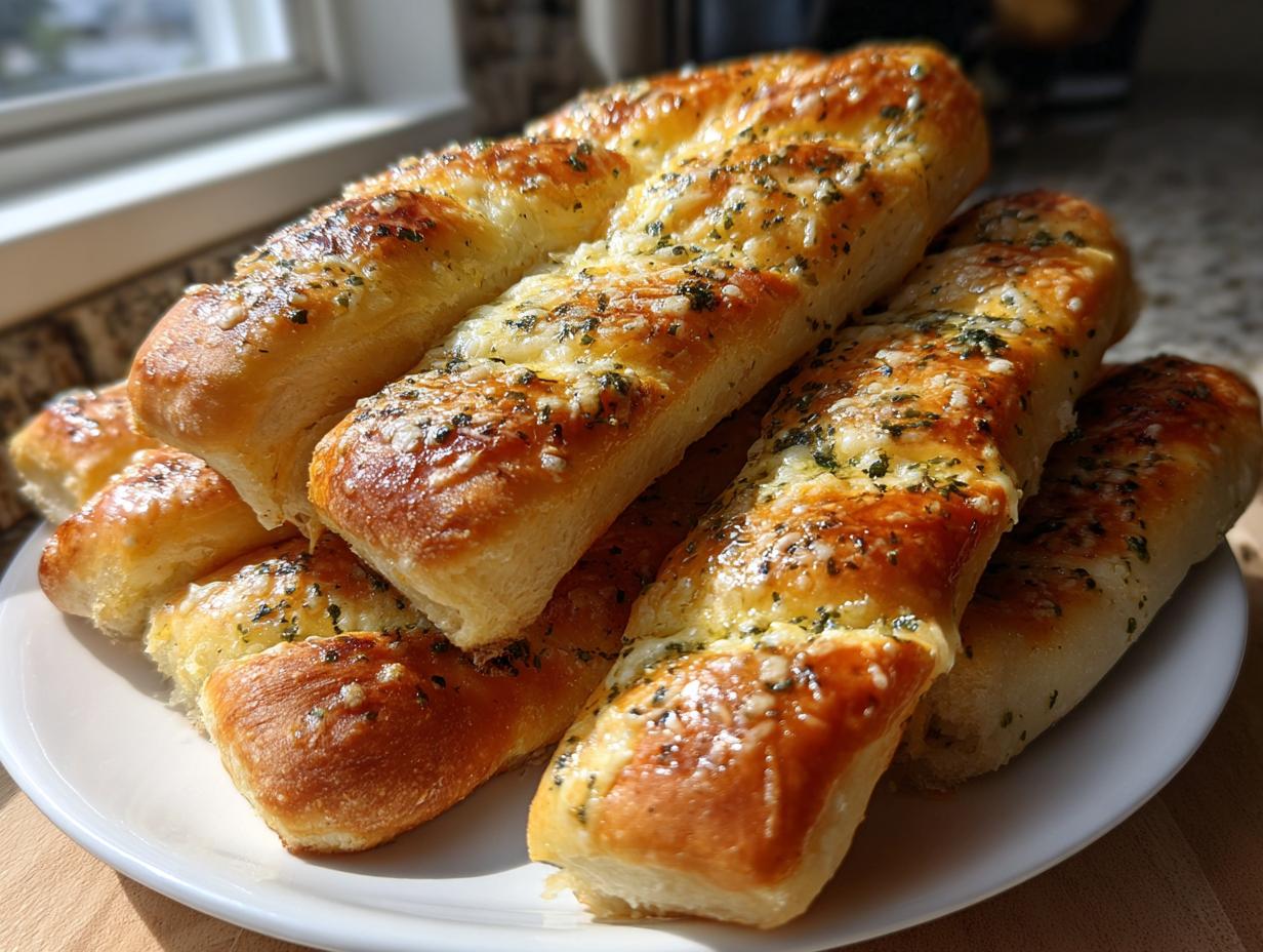 A stack of golden brown, cheesy, and herbed copycat breadsticks piled high on a white plate.