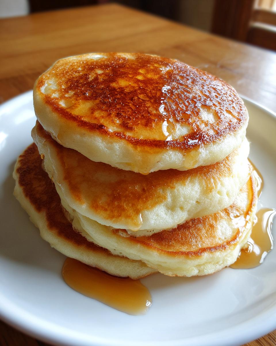Close-up of a stack of four perfectly golden and fluffy pancakes drizzled with maple syrup.