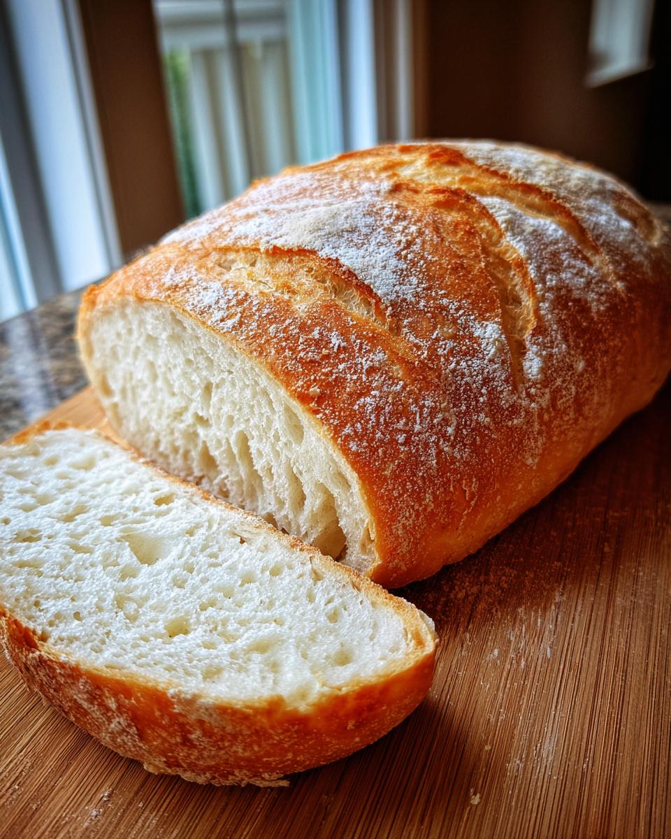 A golden-crusted loaf of homemade french bread, partially sliced to show the airy crumb structure.