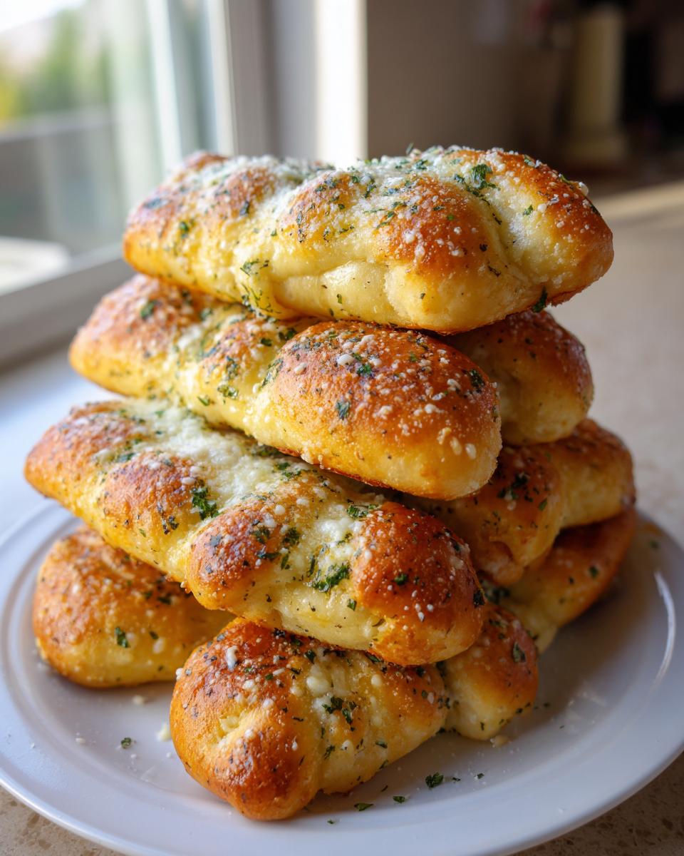 A tall stack of golden brown garlic parmesan breadsticks topped with melted cheese and parsley.