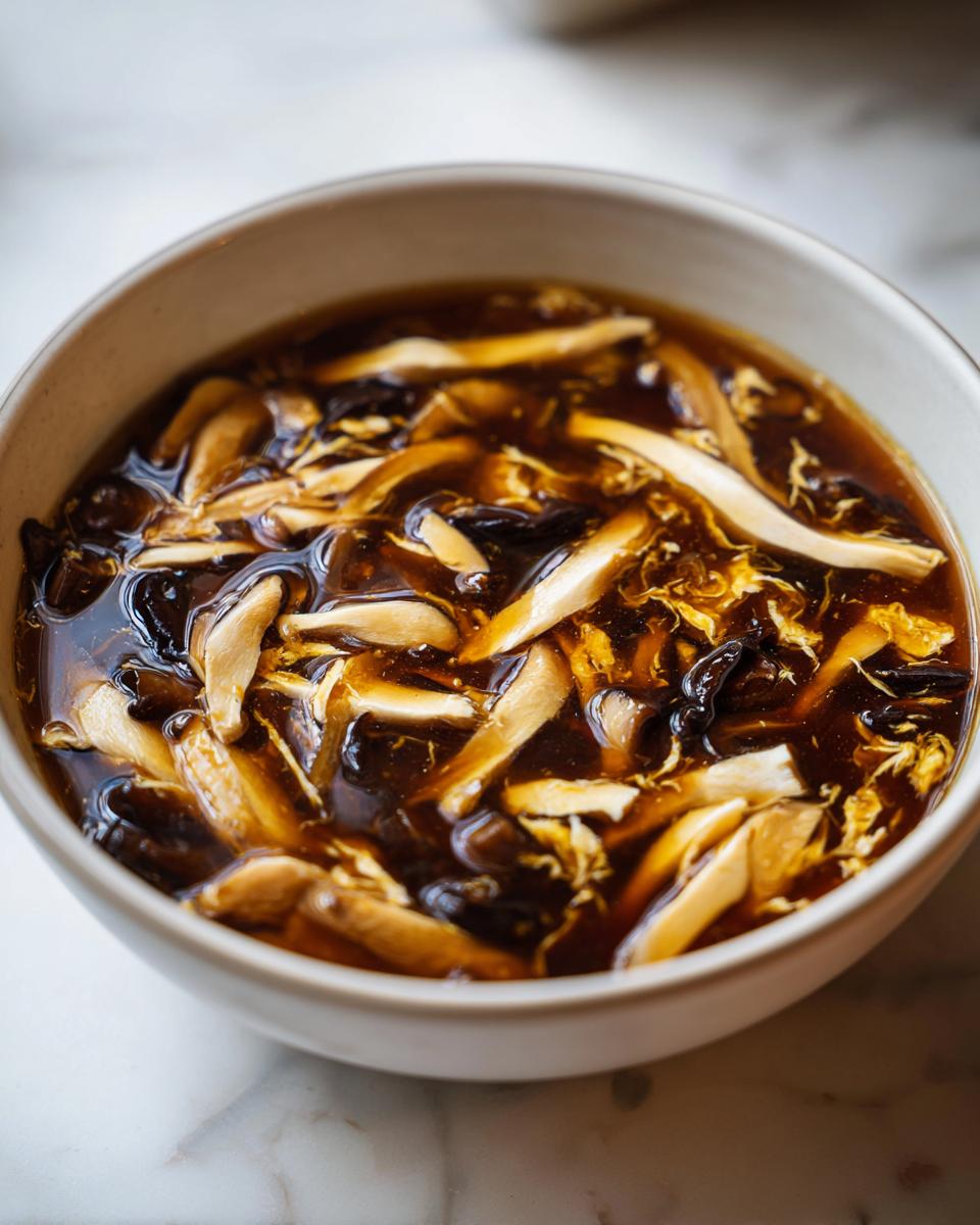 A close-up view of a bowl filled with rich, dark brown hot and sour soup recipe, showing shredded mushrooms and egg ribbons.