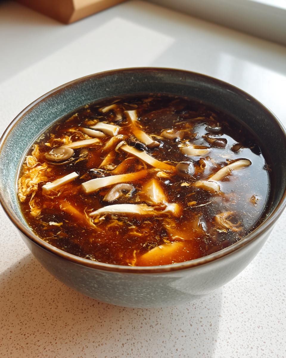 A close-up view of a bowl filled with rich, dark broth of hot and sour soup recipe, showing tofu, mushrooms, and egg ribbons.