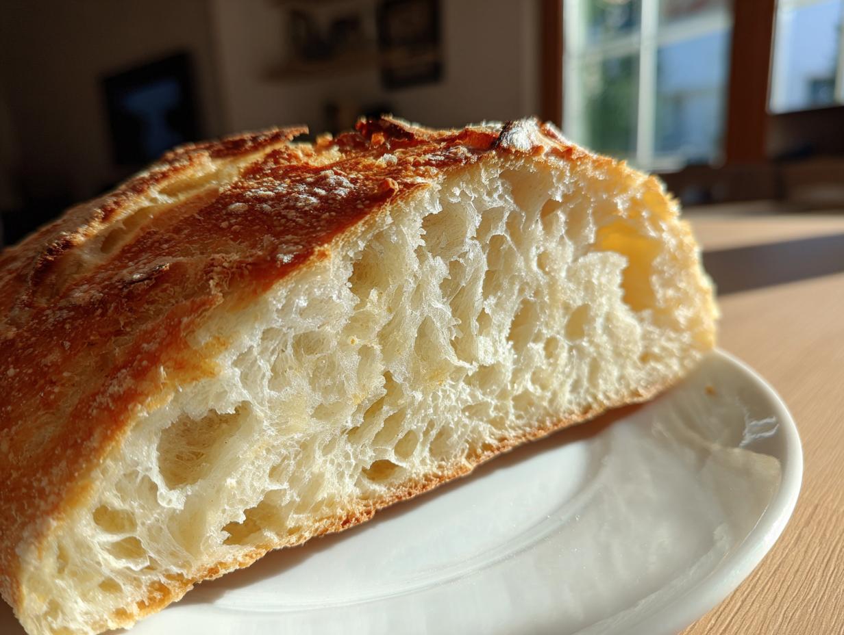 Close-up of the open, airy crumb structure of a slice of amazing Italian bread with a golden crust.