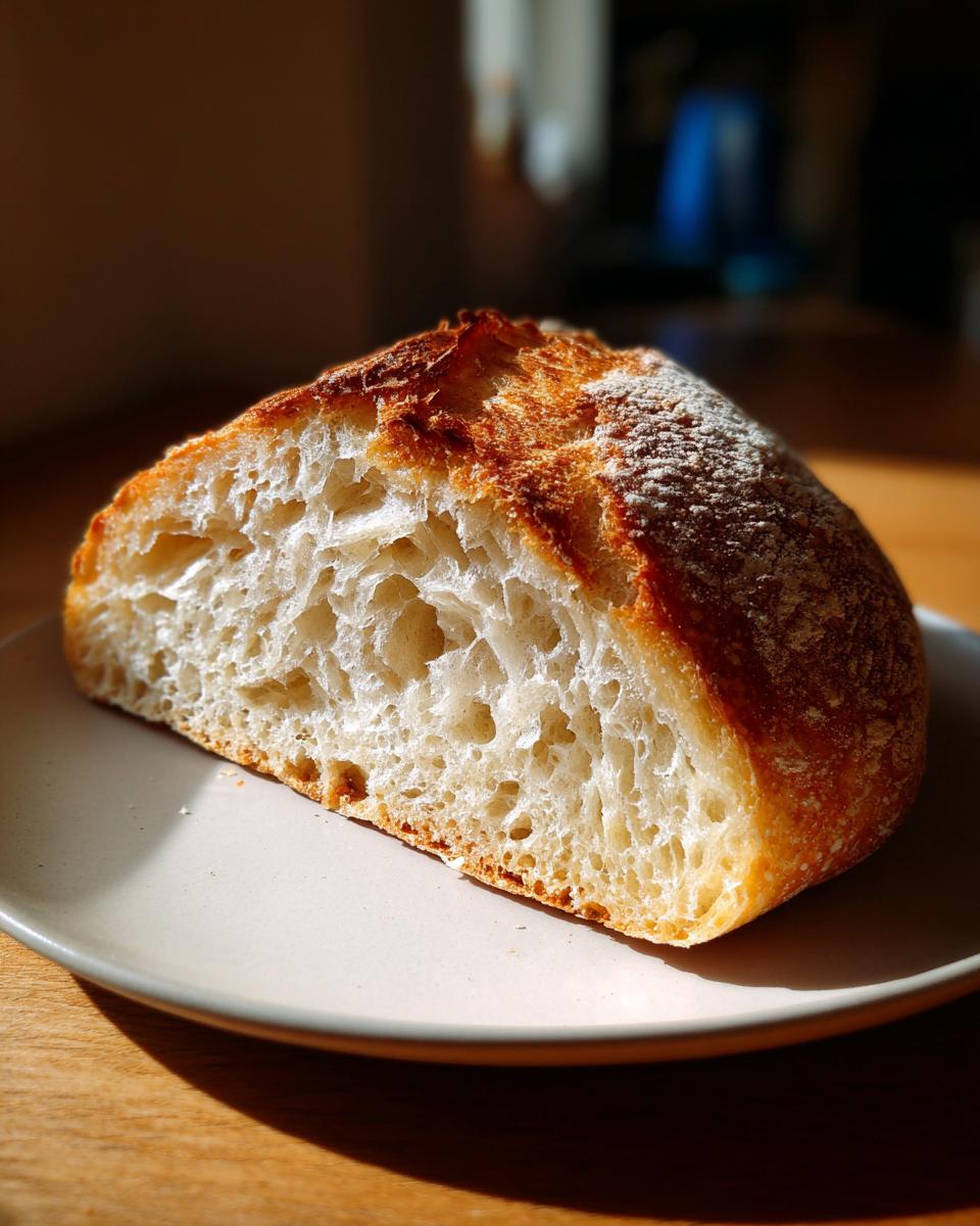 Close-up of a slice of amazing Italian bread showing its airy, open crumb structure and golden crust.