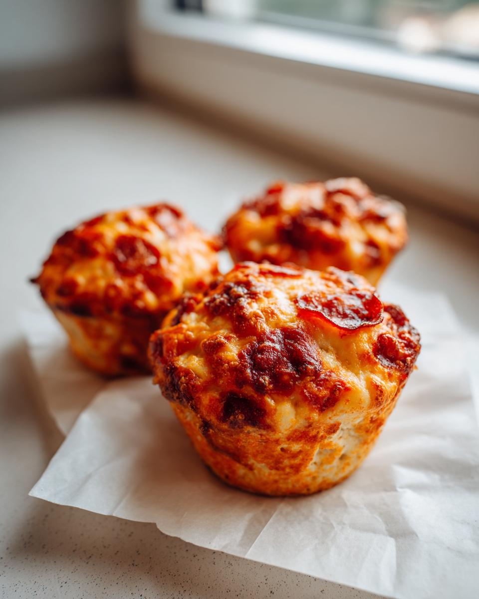Three freshly baked pizza muffins with melted, browned cheese and pepperoni toppings sitting on parchment paper.