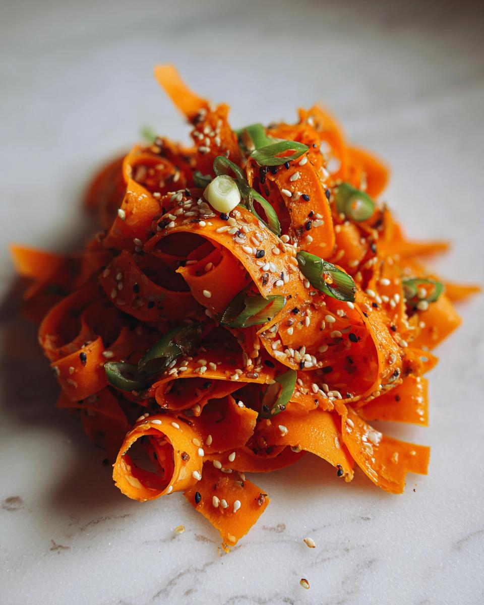 Close-up of a vibrant raw carrot salad made with shaved carrot ribbons, topped with sesame seeds and green onions.