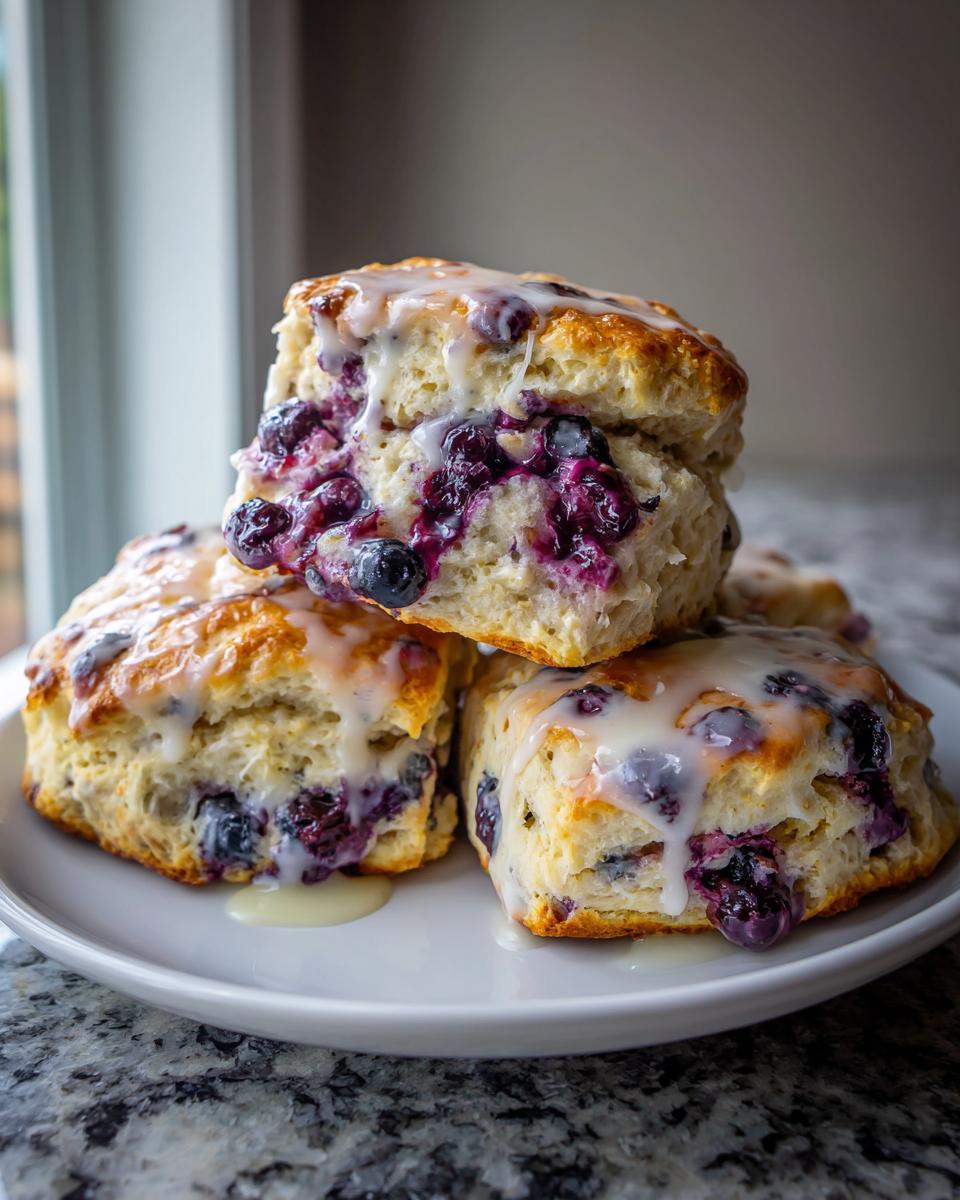 A stack of three delicious blueberry scones drizzled with a sweet white glaze, bursting with juicy blueberries.