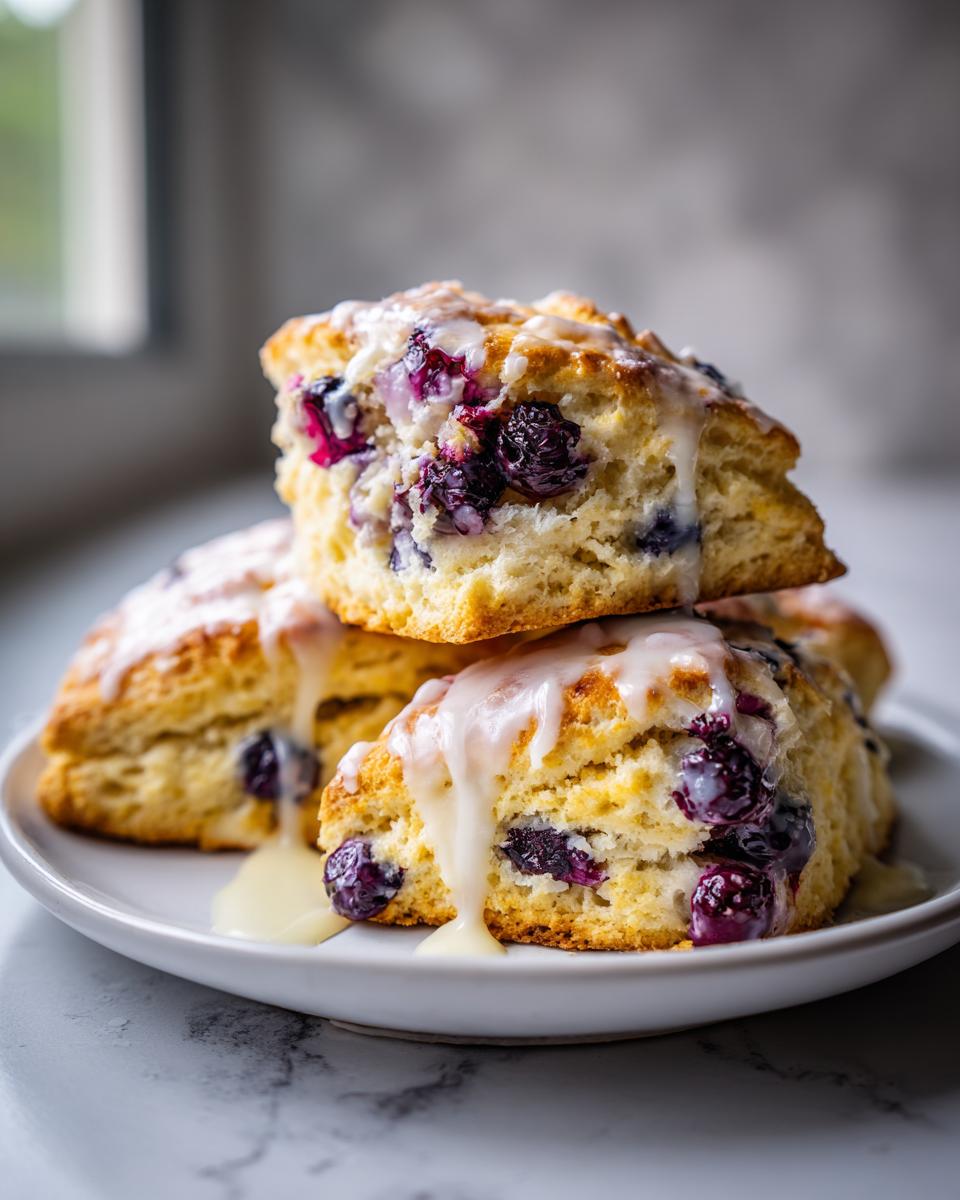 A stack of three golden blueberry scones drizzled generously with white vanilla glaze, sitting on a white plate.