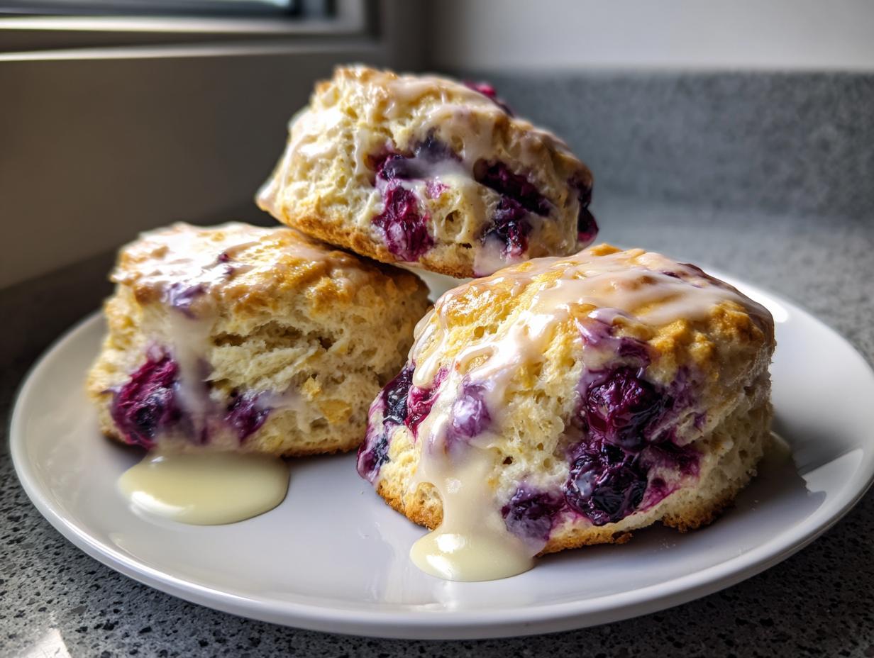 Three tall, fluffy blueberry scones stacked on a white plate, drizzled heavily with vanilla glaze.